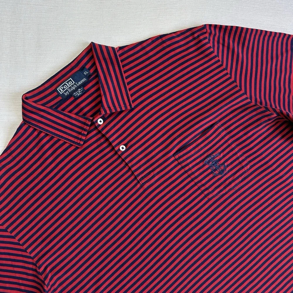 Vtg Y2K Polo Ralph Lauren Pima Cotton Stripe Polo Shirt Nautical Men XL Blue Red